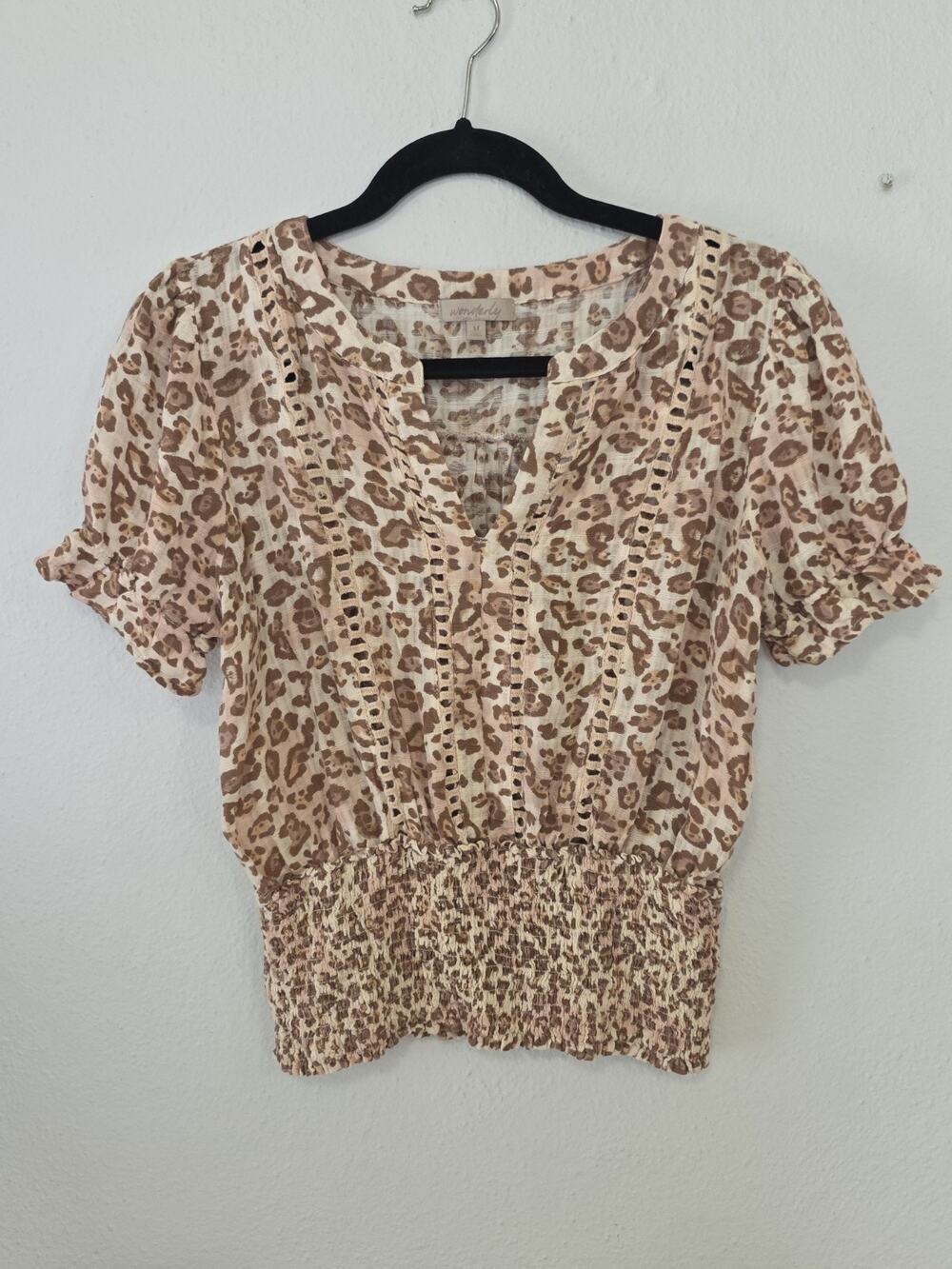 Wonderly Blouse Top Tan Brown Leopard Print Smocked Waist Split V Neck Size M